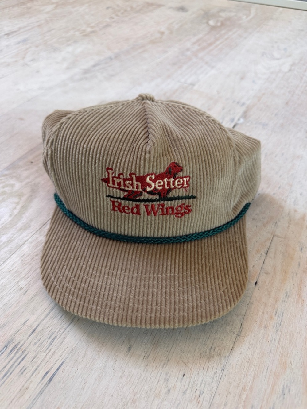 Irish Setter Tan Corduroy Hat with Red Embroidery and Green Braid